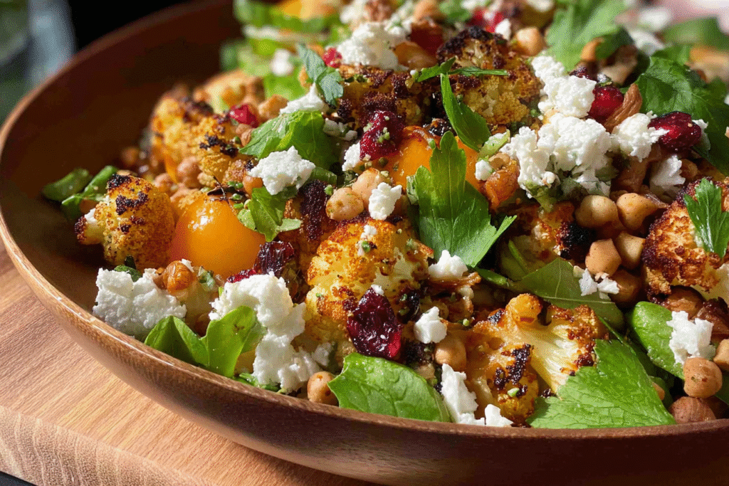 Cauliflower Feta Baked Salad Recipe in rustic bowl