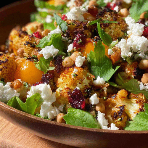 Cauliflower Feta Baked Salad Recipe in rustic bowl