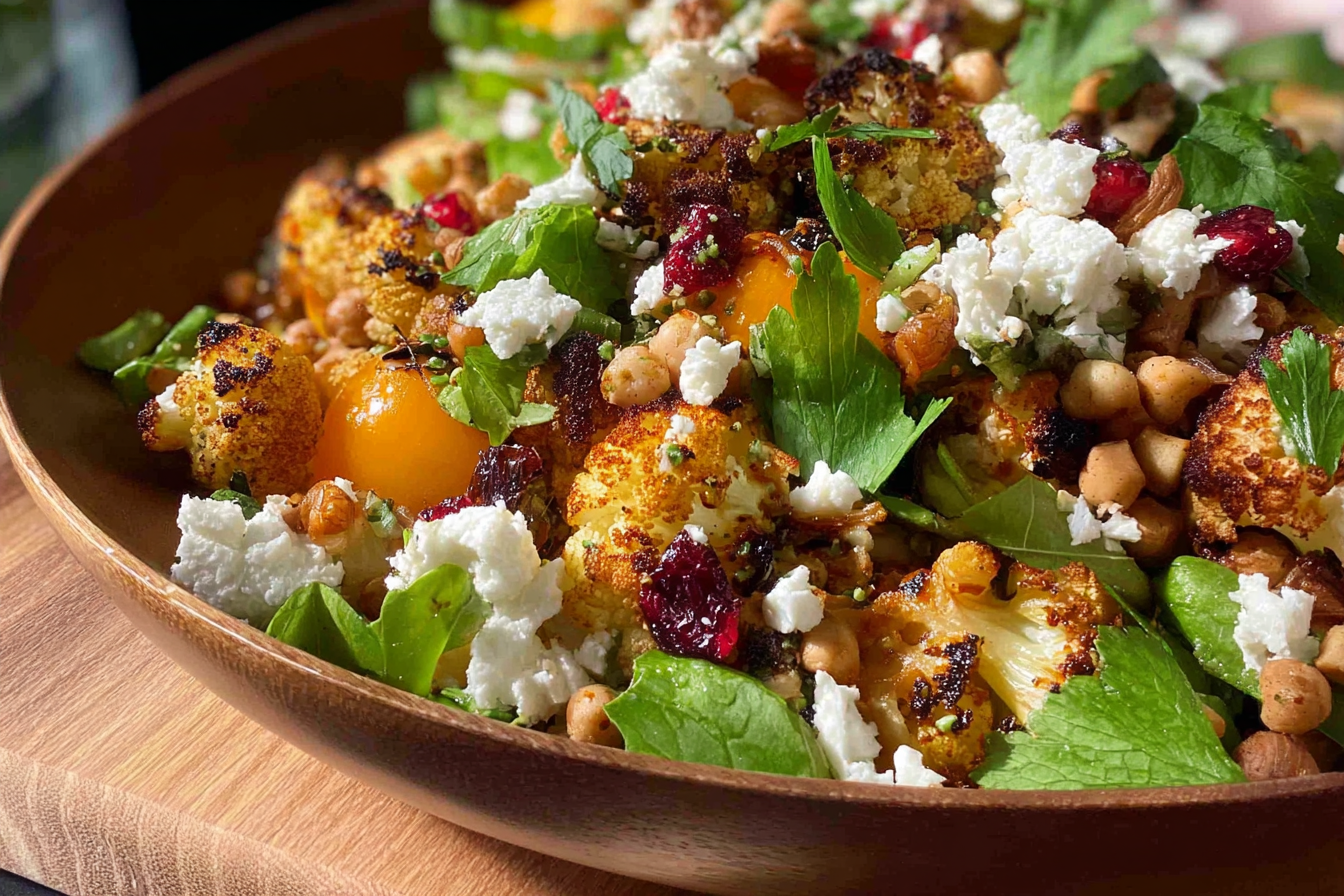 Cauliflower Feta Baked Salad Recipe in rustic bowl