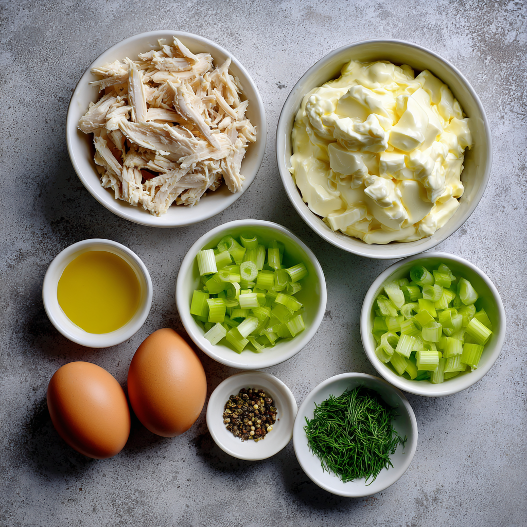 Simple chicken salad ingredients on a counter