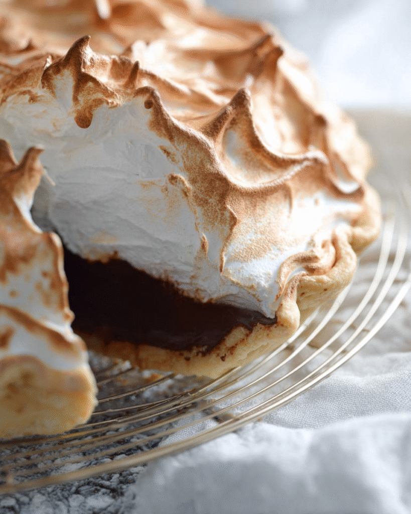 Chocolate meringue pie with berries