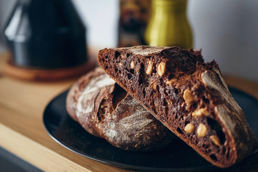 Freshly baked chocolate peanut butter sourdough bread on cutting board