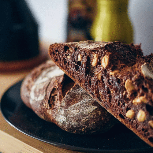 Freshly baked chocolate peanut butter sourdough bread on cutting board