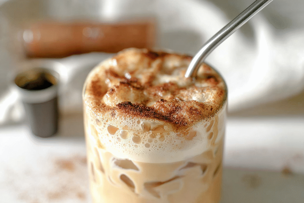 French toast iced latte with cinnamon foam in glass
