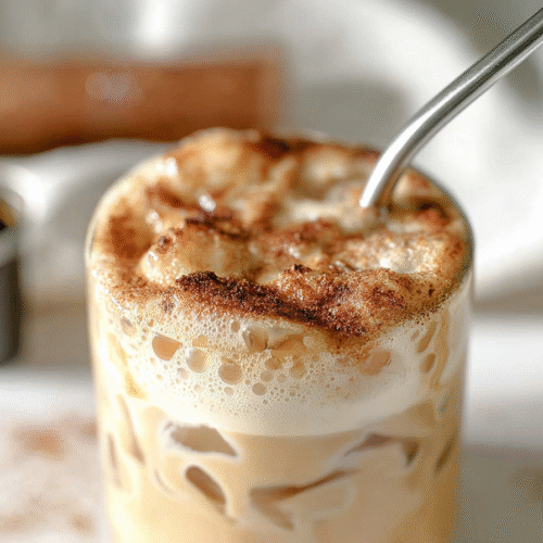 French toast iced latte with cinnamon foam in glass