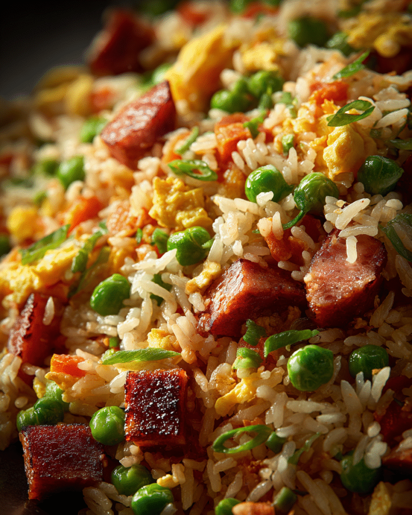 Healthy version of Spam fried rice with cucumber salad