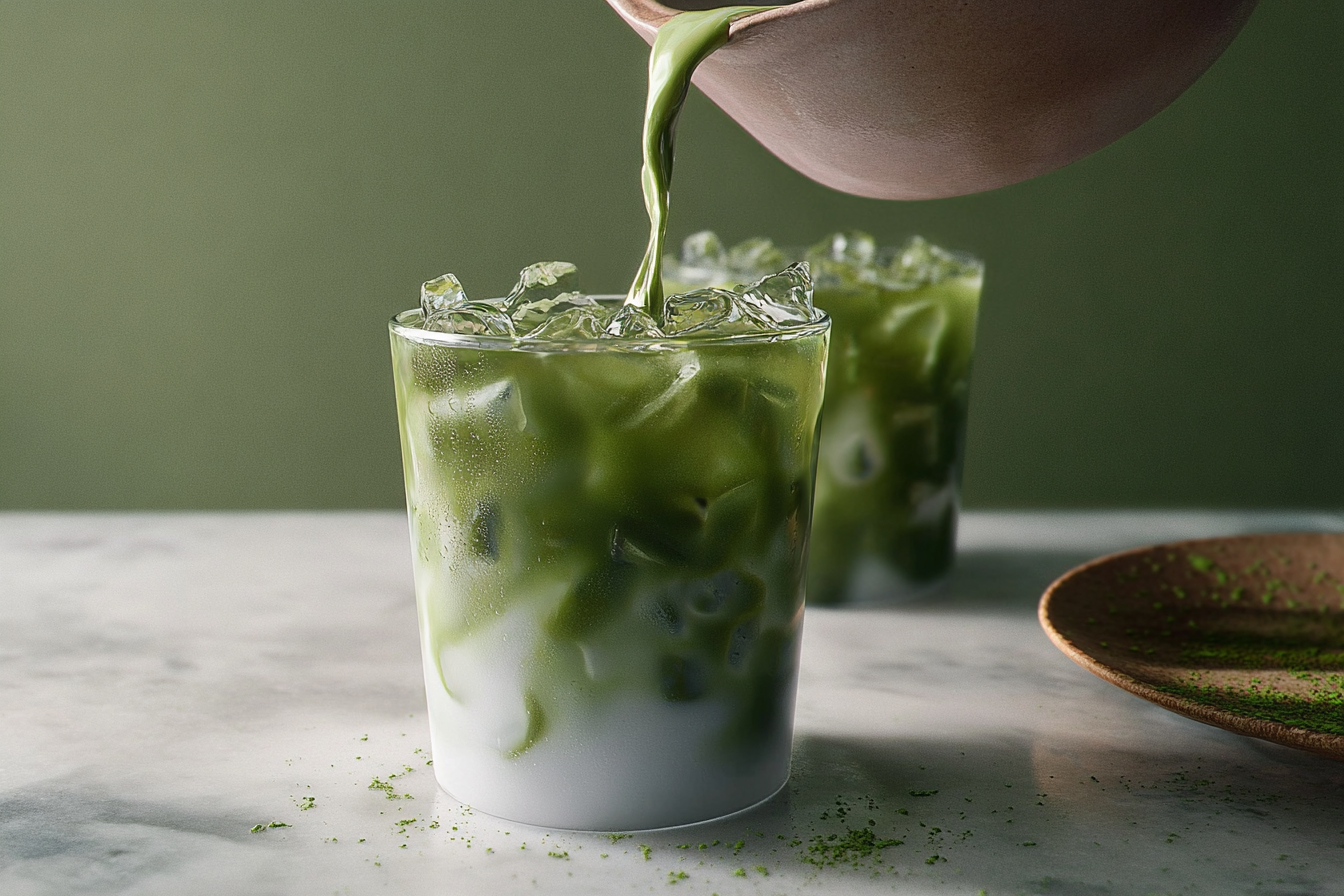 Glass of iced matcha latte with almond milk and ice cubes on wooden table