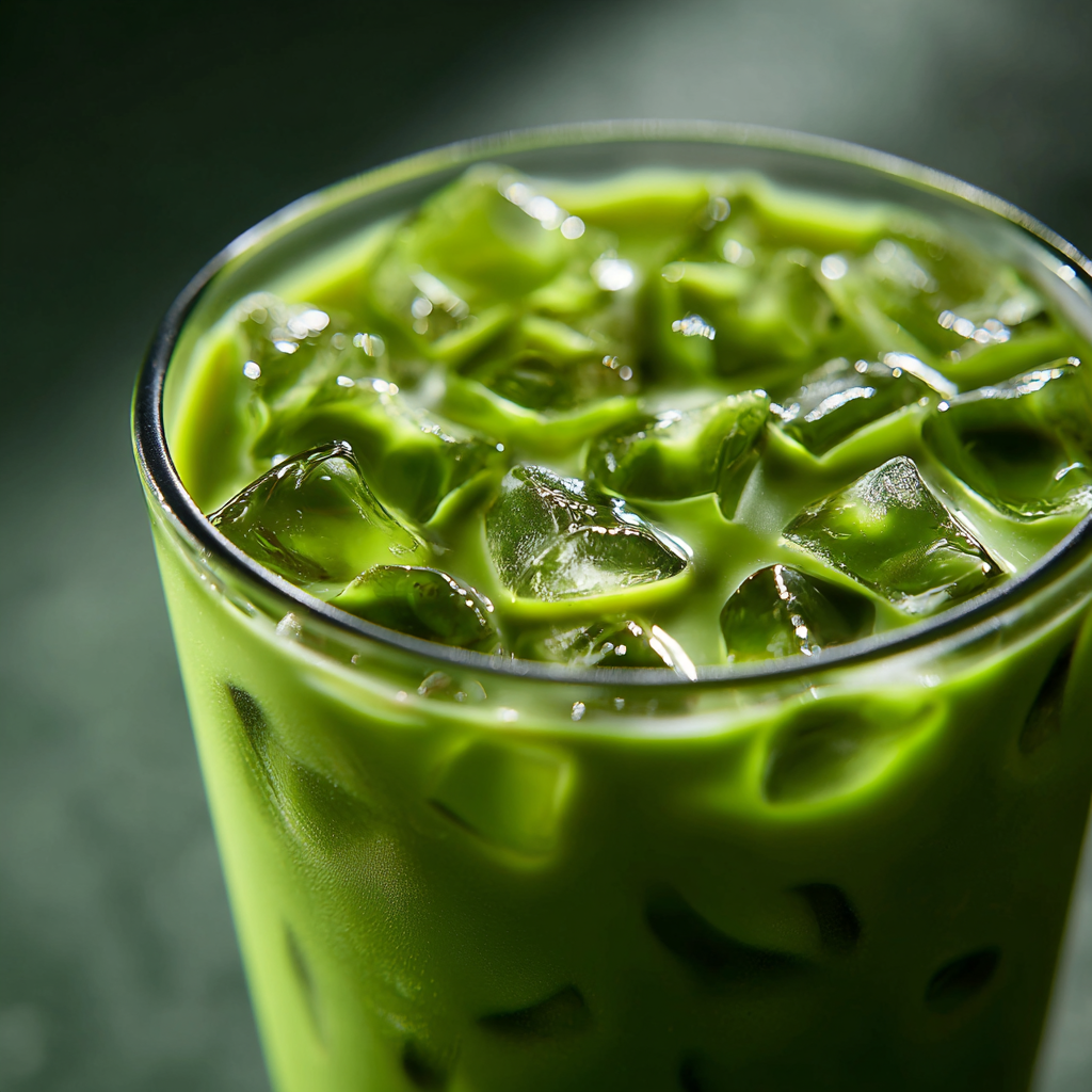 Matcha powder, almond milk, ice cubes, and water arranged on a kitchen countertop