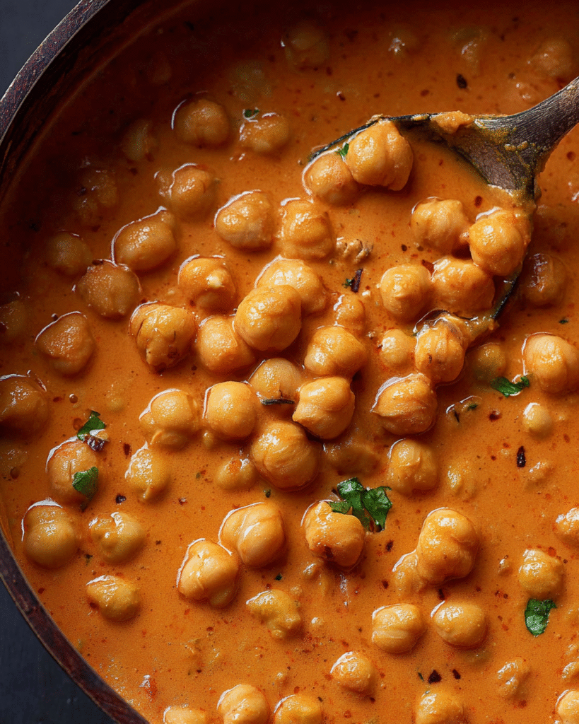 Indian butter chickpeas in a bowl next to warm naan bread.