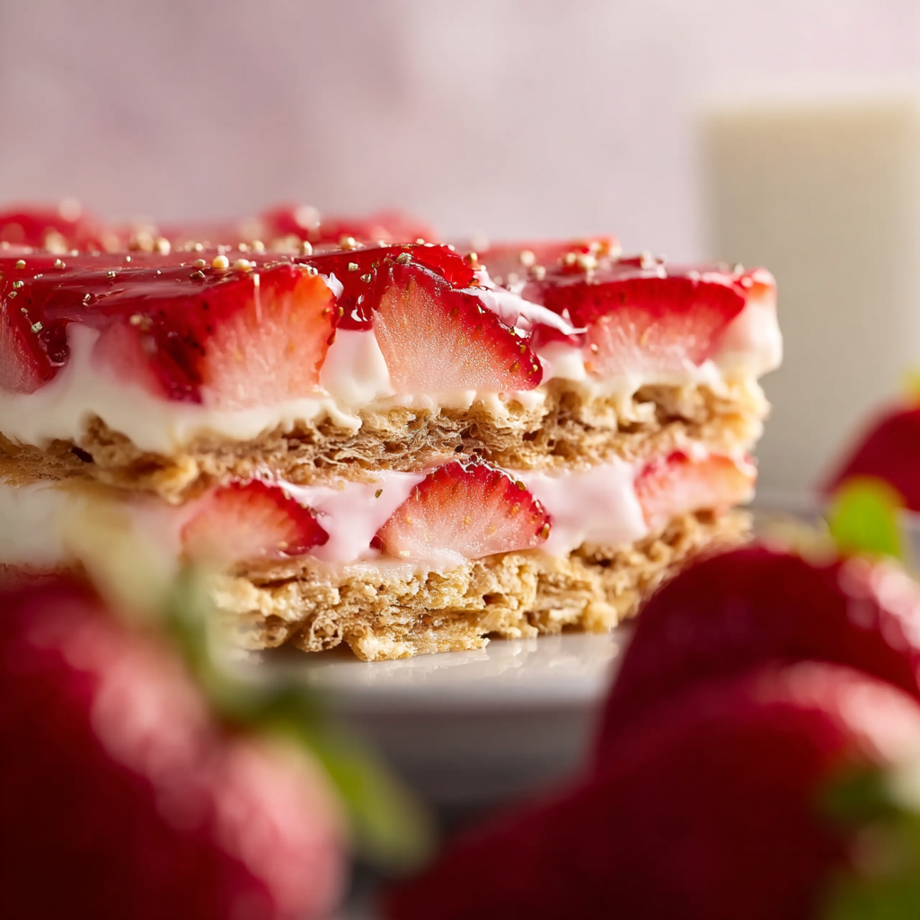 frozen strawberry eclair cake variation with berries on plate