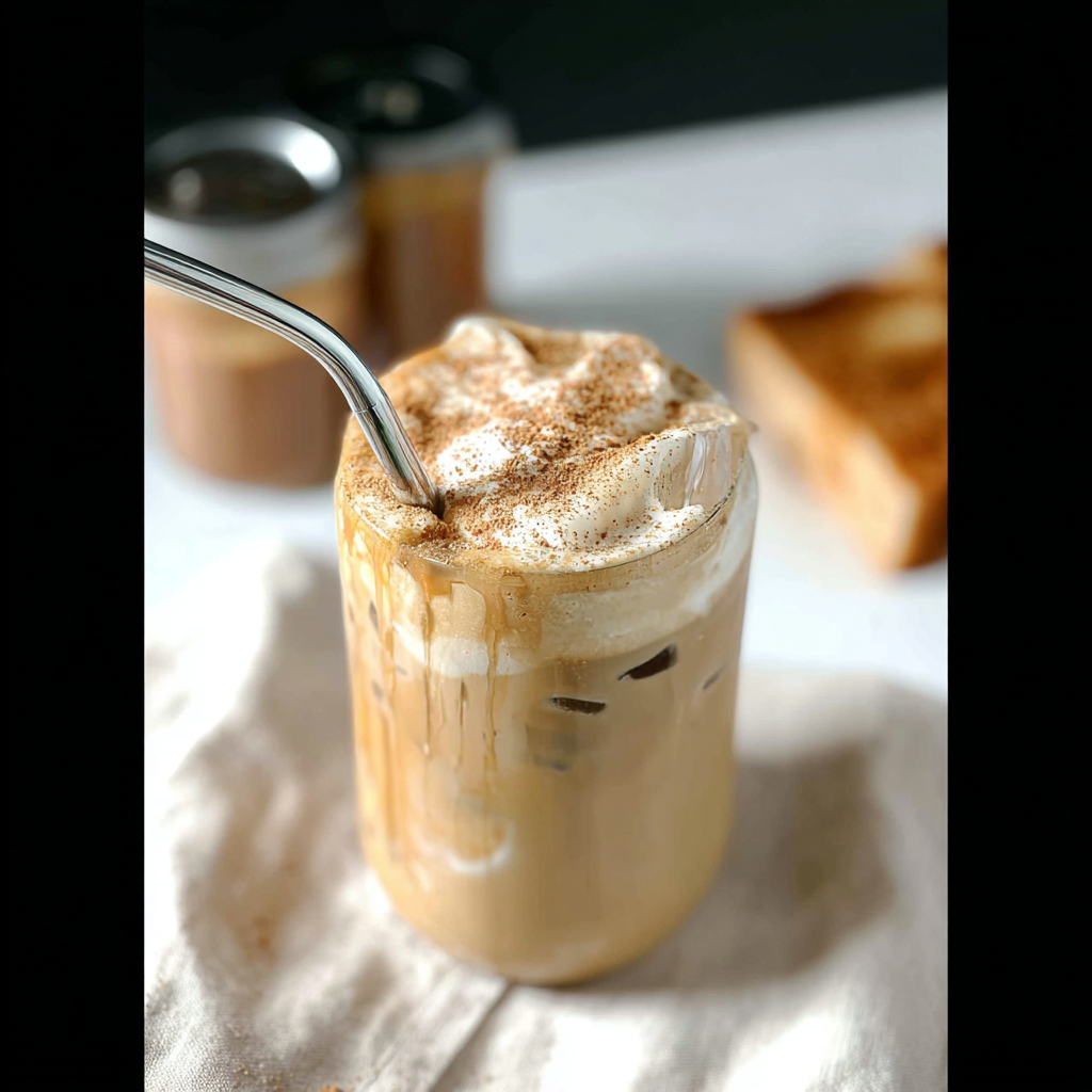 Low-calorie French toast iced latte with oat milk