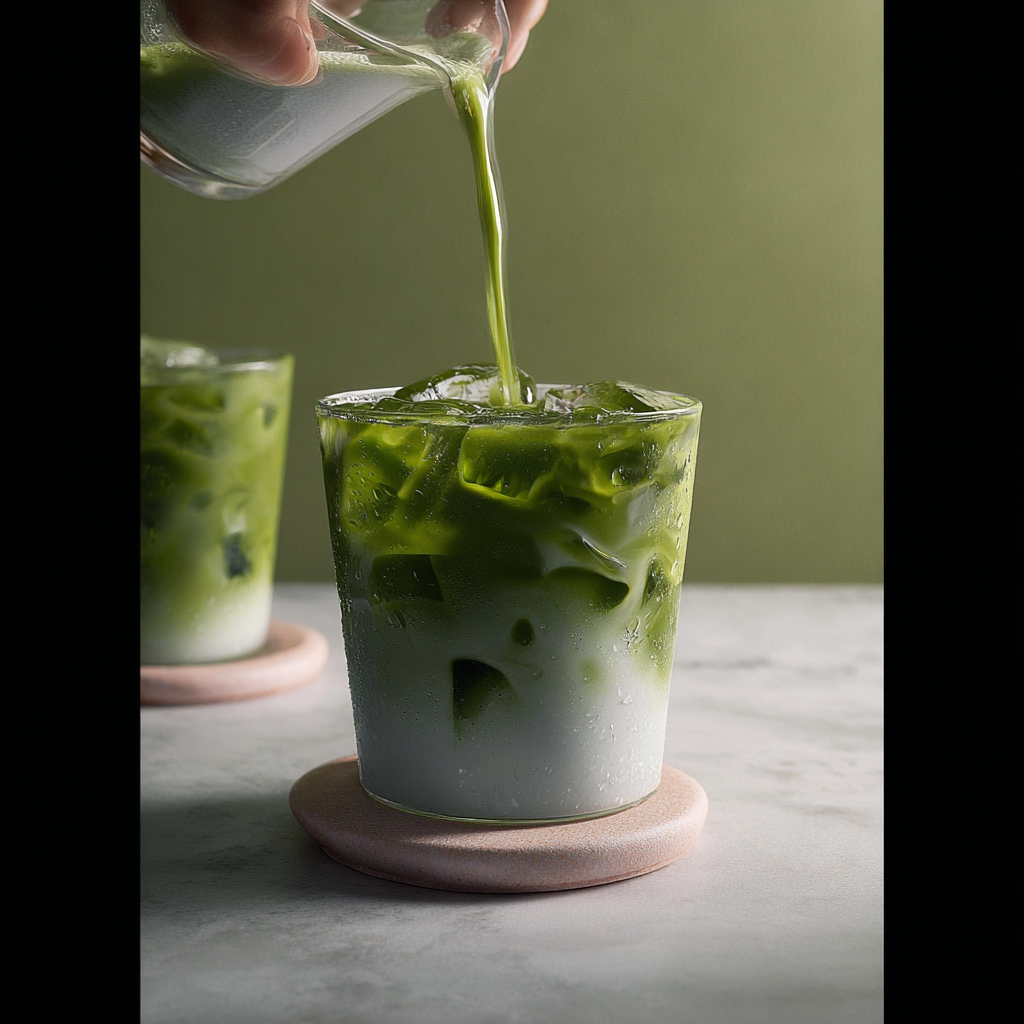 Iced Matcha Latte Recipe in a glass with almond milk and ice cubes