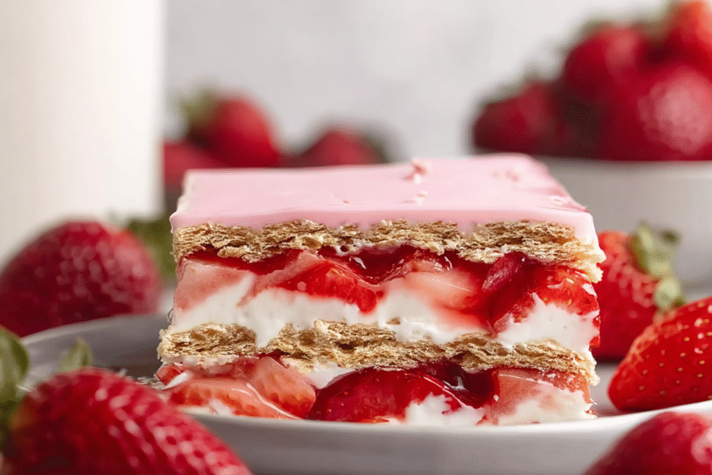 strawberry eclair cake on white table with pudding and fresh strawberries