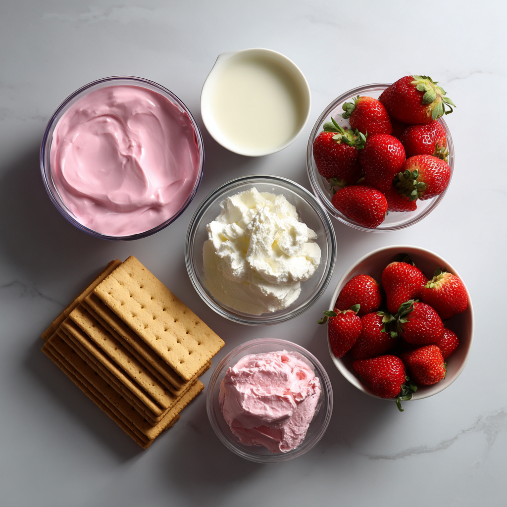strawberry eclair cake ingredients on kitchen counter