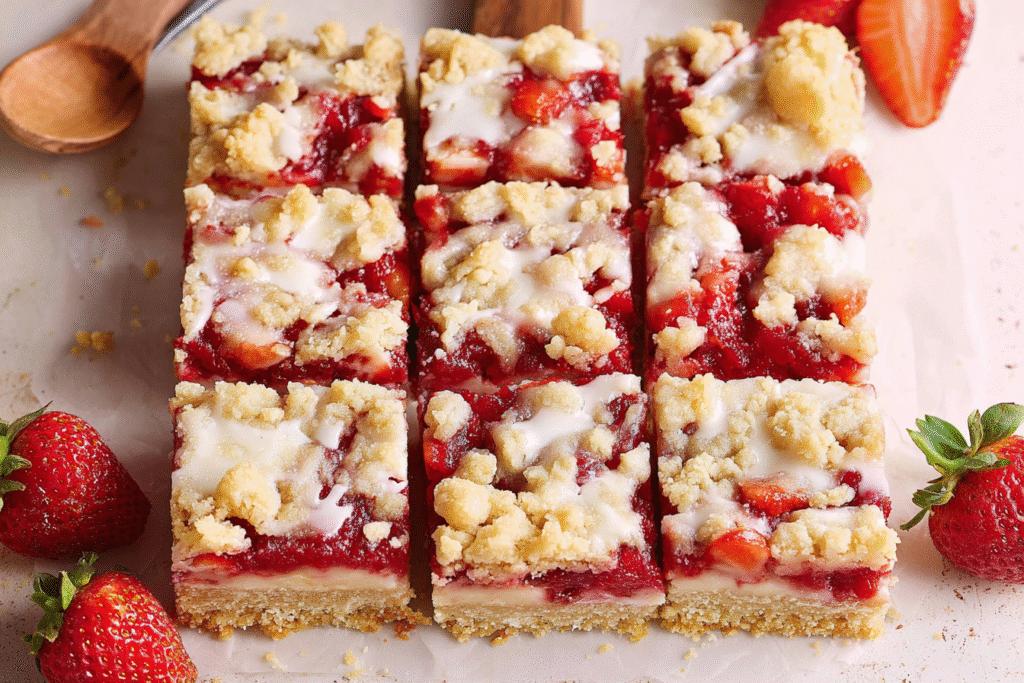 Strawberry Shortcake Bars on white plate with golden crust and glaze