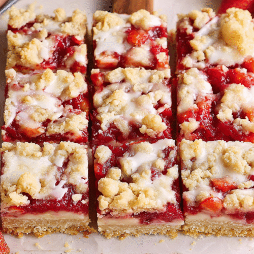 Strawberry Shortcake Bars on white plate with golden crust and glaze