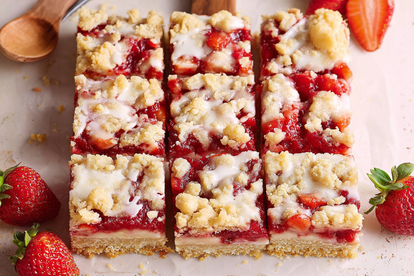 Strawberry Shortcake Bars on white plate with golden crust and glaze