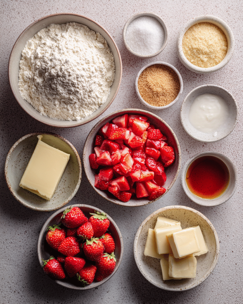 Ingredients for Strawberry Shortcake Bars including strawberries, flour, and sugar