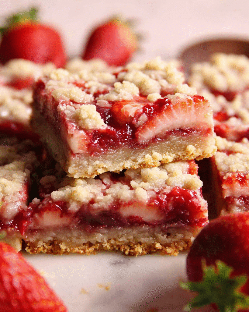 Strawberry Shortcake Bars served on a party platter with whipped cream and ice cream