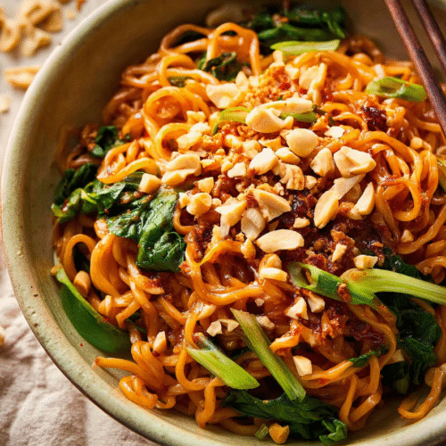 Spicy tofu dan dan noodles with peanuts and scallions