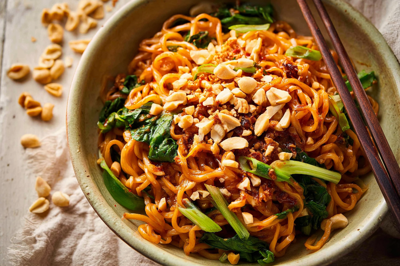 Spicy tofu dan dan noodles with peanuts and scallions