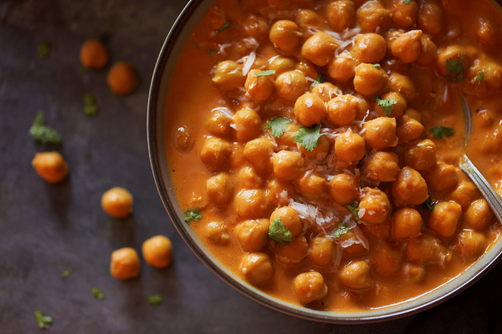 Butter chickpeas cooking in skillet with tomato-based sauce and spices.