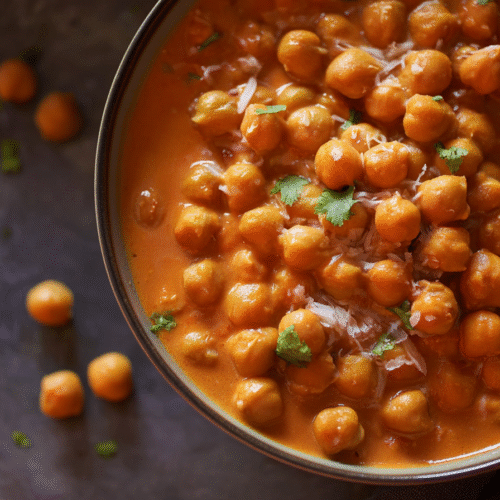Butter chickpeas cooking in skillet with tomato-based sauce and spices.