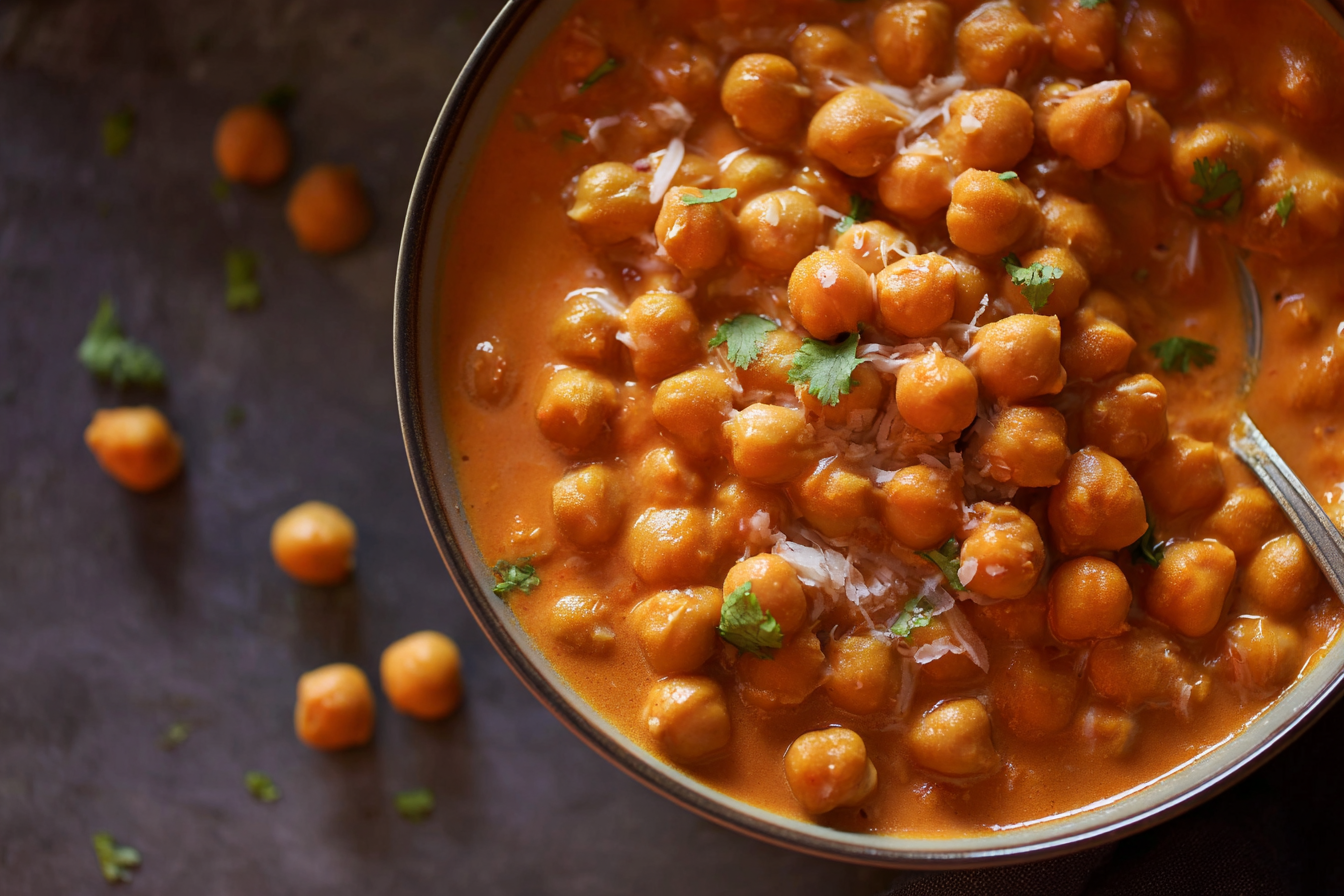 Butter chickpeas cooking in skillet with tomato-based sauce and spices.