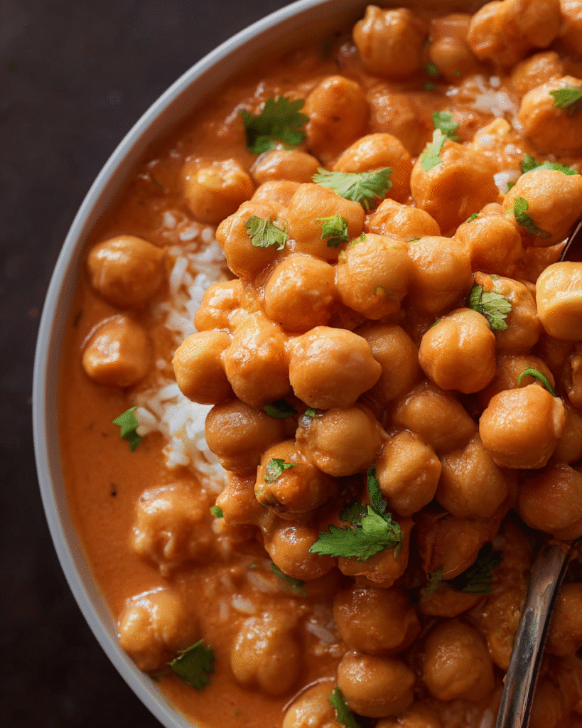 Vegan butter chickpeas topped with lime and green chilies.