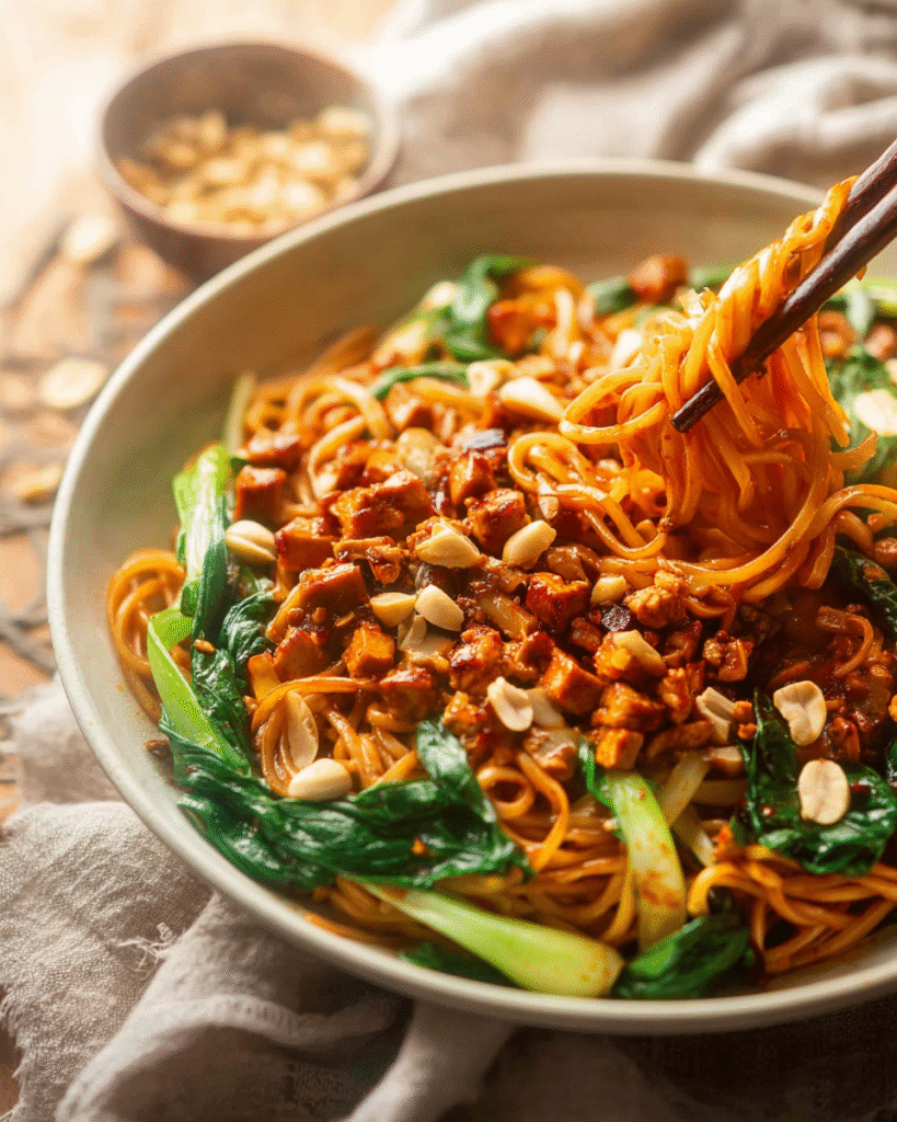 Assembled vegan dan dan noodles topped with peanuts and scallions