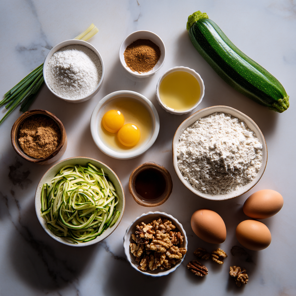  Zucchini bread ingredients laid on rustic counter