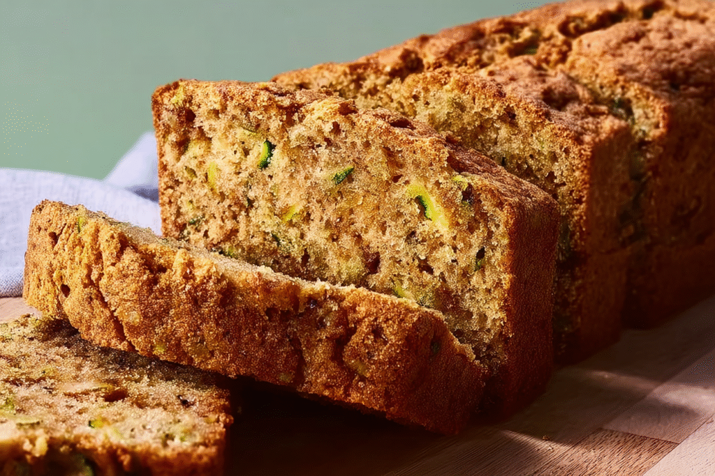 Moist zucchini bread loaf with walnuts on cooling rack