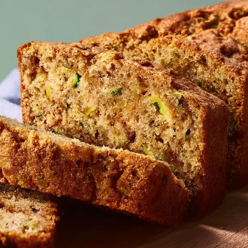 Moist zucchini bread loaf with walnuts on cooling rack