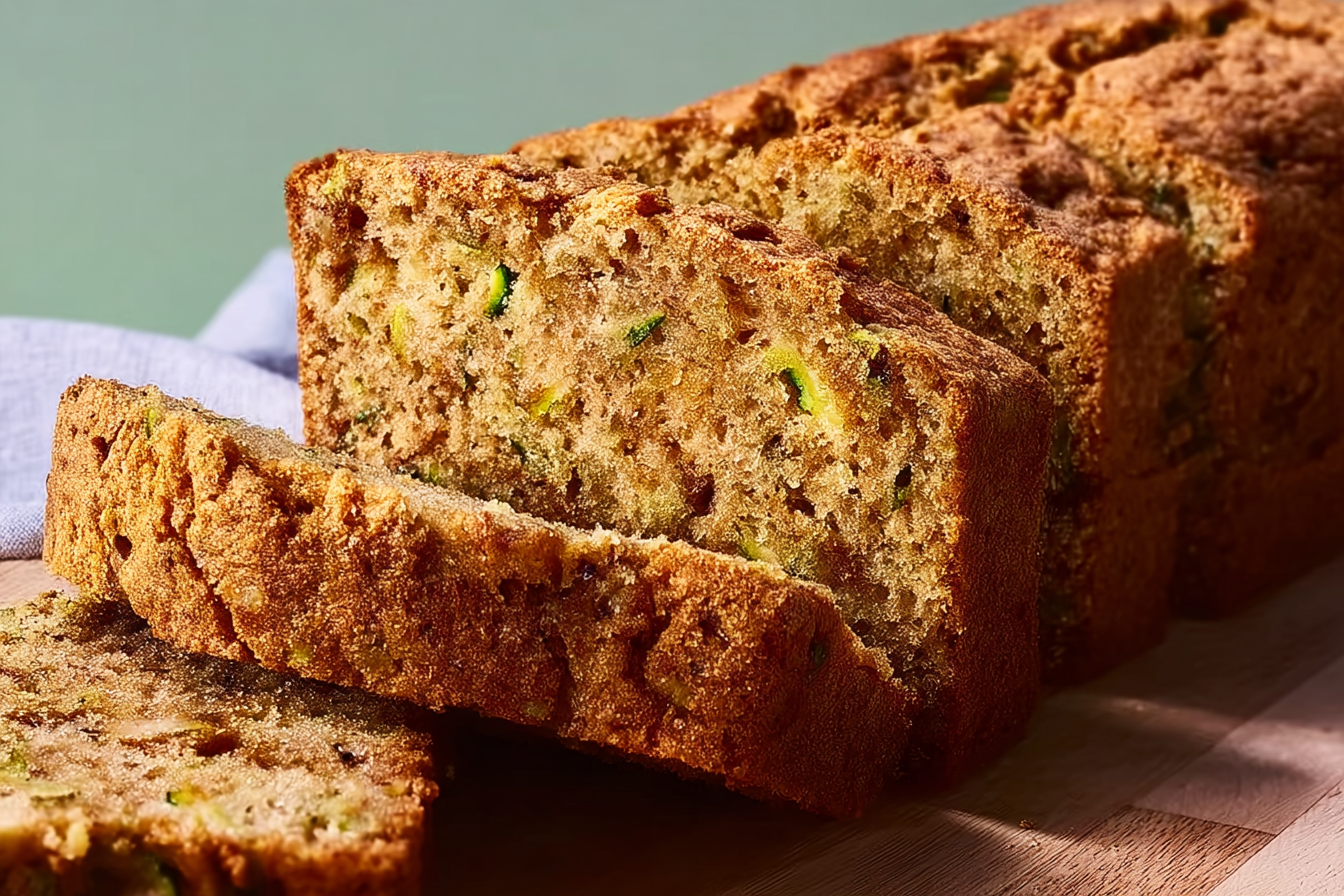 Moist zucchini bread loaf with walnuts on cooling rack