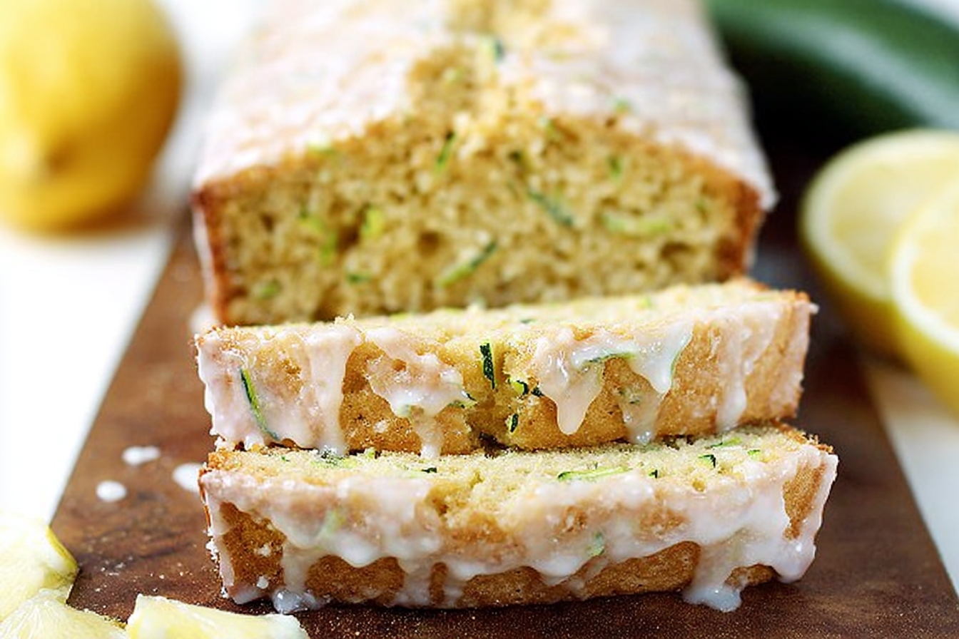 Moist lemon zucchini bread topped with lemon glaze and lemon slices
