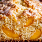 Moist peach bread topped with peach glaze and diced peach pieces