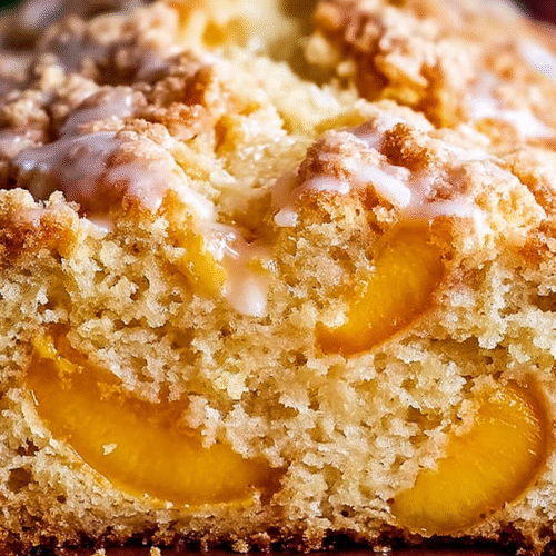 Moist peach bread topped with peach glaze and diced peach pieces