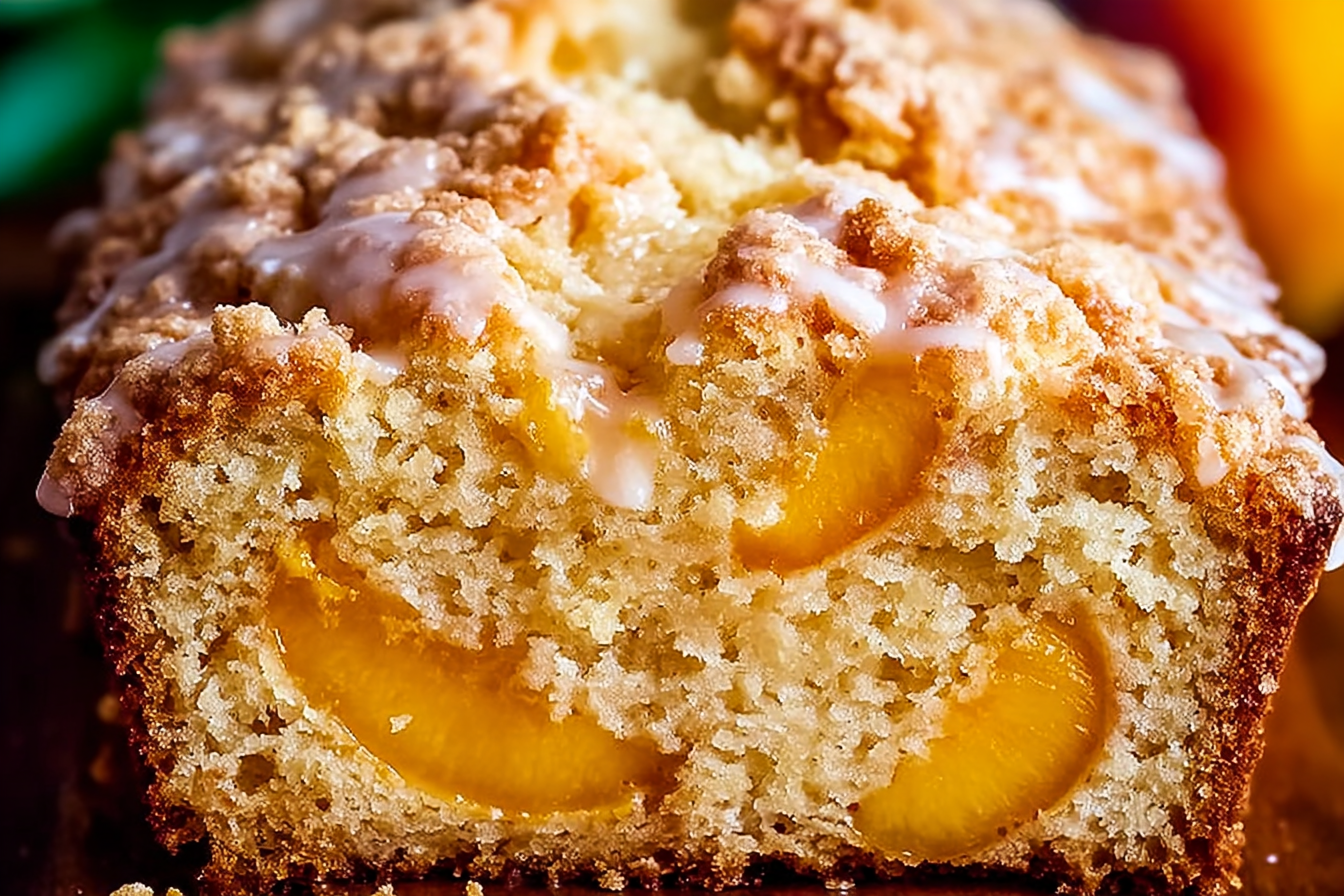 Moist peach bread topped with peach glaze and diced peach pieces