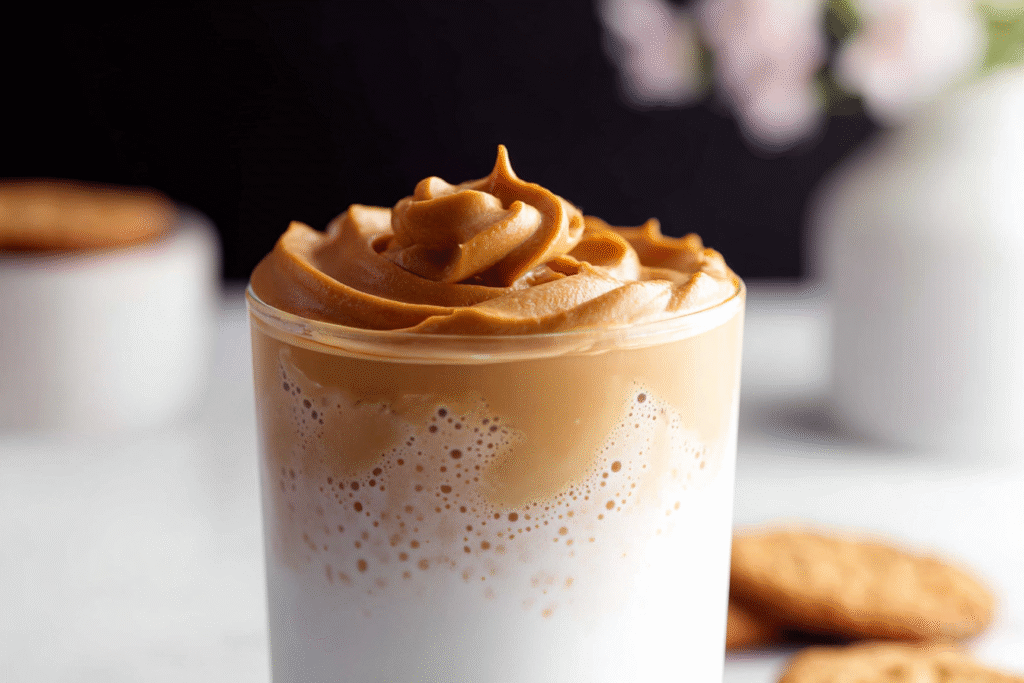 Close-up of iced cookie butter latte with cinnamon cold foam