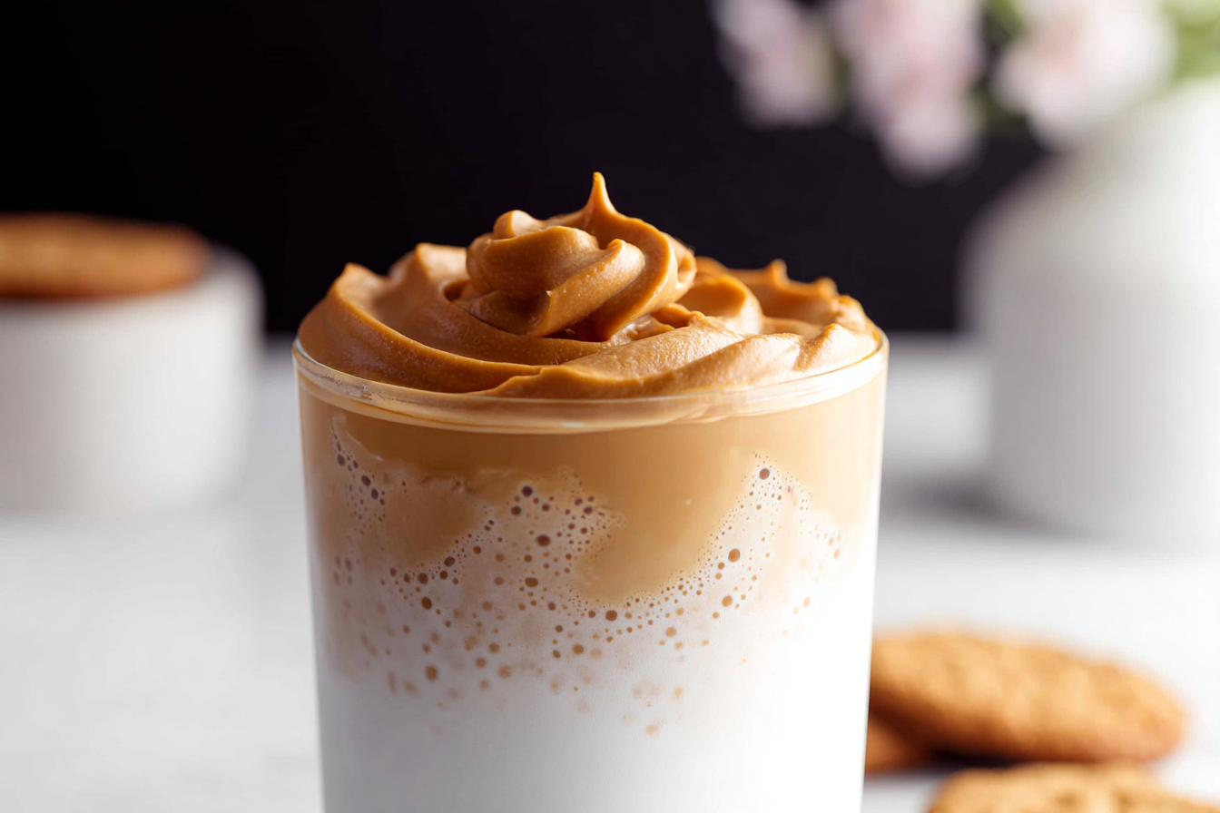 Close-up of iced cookie butter latte with cinnamon cold foam