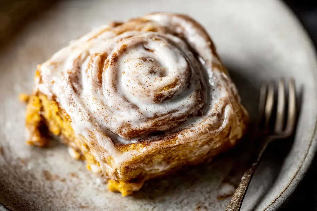 Fluffy pumpkin spice cinnamon rolls topped with cream cheese glaze in a baking pan