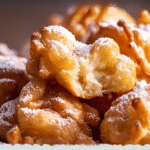 Freshly fried State Fair Funnel Cake Bites on rustic table