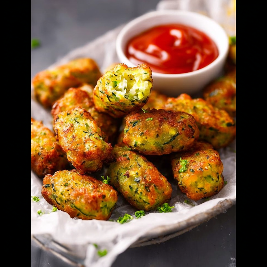 Golden crispy zucchini tots on a plate with dipping sauce