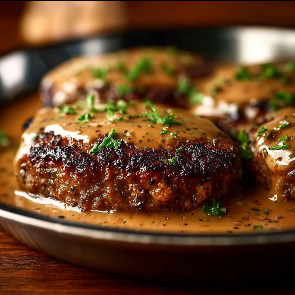 Amish Hamburger Steak Bake Casserole with Mushroom Gravy